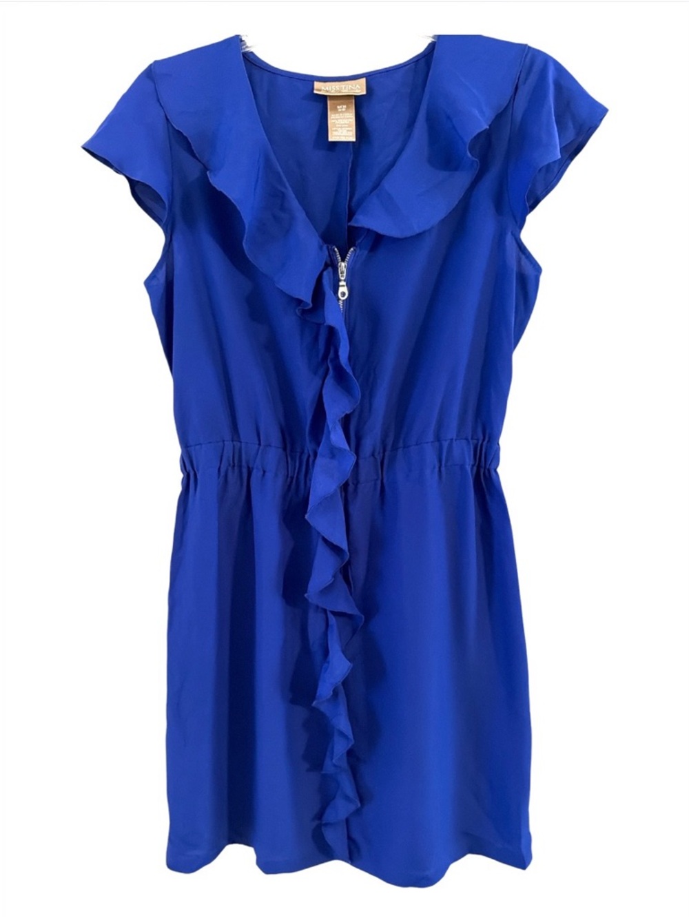 Miss Tina Royal Blue Ruffle Blue Ruffle Zip Front Elastic Waist Dress Size S